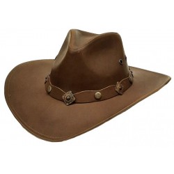 MODESTONE UNISEX LEATHER COWBOY HAT WIDE-BRIM METAL CONCHOS BROWN