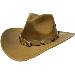 MODESTONE UNISEX LEATHER COWBOY HAT WIDE-BRIM METAL CONCHOS BROWN
