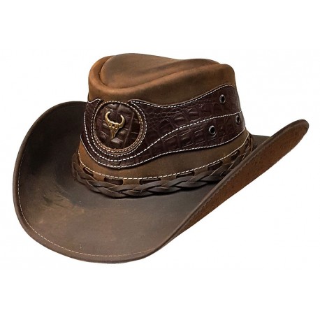 MODESTONE UNISEX LEATHER COWBOY HAT WIDE-BRIM METAL CONCHOS BROWN