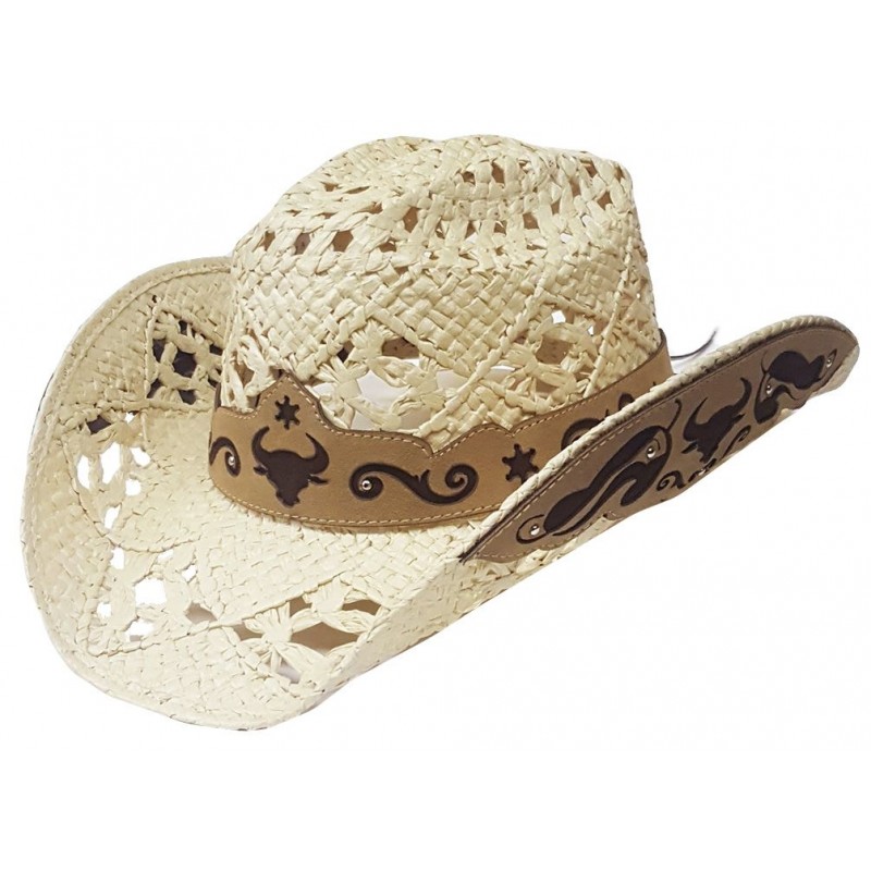 Modestone Straw Cowboy Hat Breezer Metal Bull Pattern Appliques Brim Beige Westernbootscanada 7408