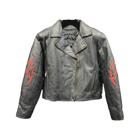 Ladies' Black Leather Jacket with Red Leather Flames