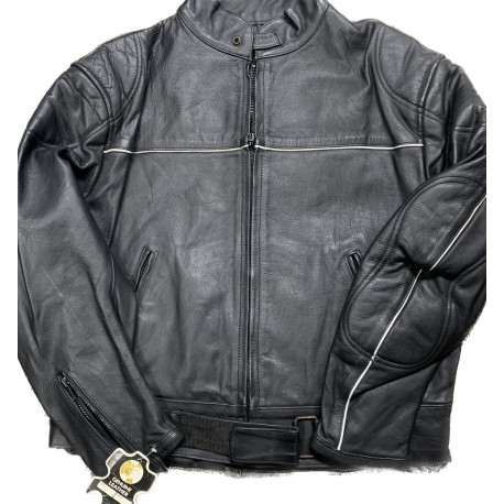 Men's Black Leather Jacket with White Refl. Pinstripe