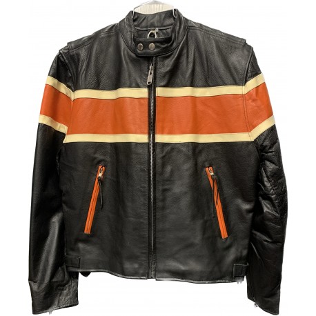 Men's Black Leather Racer Jacket with Orange Stripes