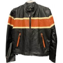 Men's Black Leather Racer Jacket with Orange/Beige Stripes