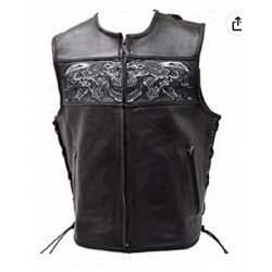 Leather Vest W/Reflective Skulls Front & Back, Side Laces