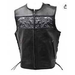 Milwaukee Leather Vest W/Reflective Skulls Front & Back, Side Laces
