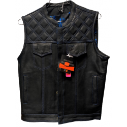 Men's Black Leather Vest with Blue Stitching