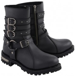 Women's 9-Inch Triple Buckle Black Leather Harness Biker Boots by Milwaukee