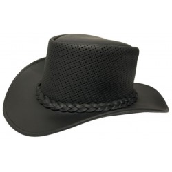 Black Leather Cowboy Hat with Perforated Upper, Braided Hatband