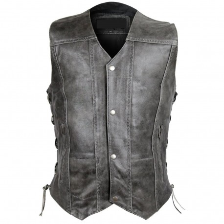 Men's Grey10 Pocket Leather Vest with Side Lace