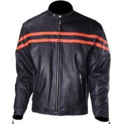 Men's Black Leather Racer LK Jacket with Orange Stripes